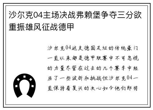 沙尔克04主场决战弗赖堡争夺三分欲重振雄风征战德甲