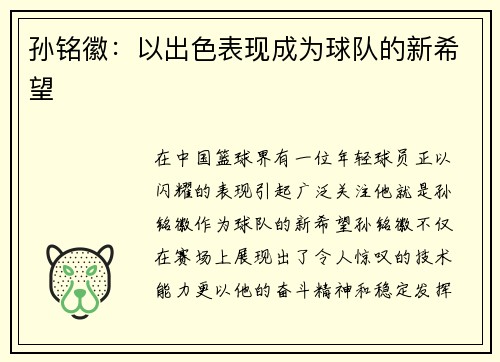 孙铭徽：以出色表现成为球队的新希望