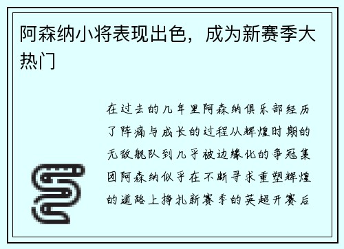 阿森纳小将表现出色，成为新赛季大热门